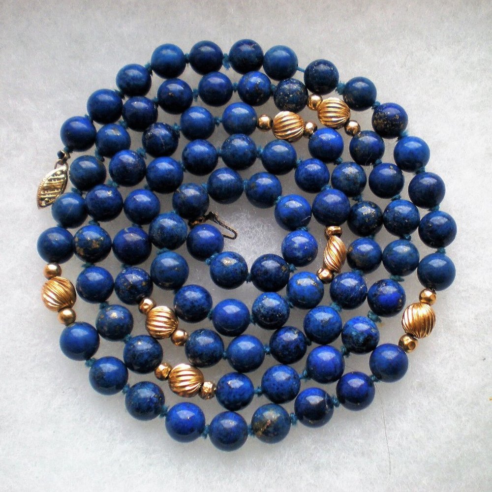 Antique Vintage Retro 14K Gold 8MM Lapis Lazuli Beads Beaded Necklace 33" 64.8 g